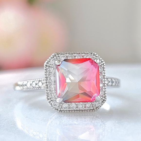 Emerald cut peach and pink gemstone ring, 925 Sterling Silver Charmed Aroma - Picture 4 of 4